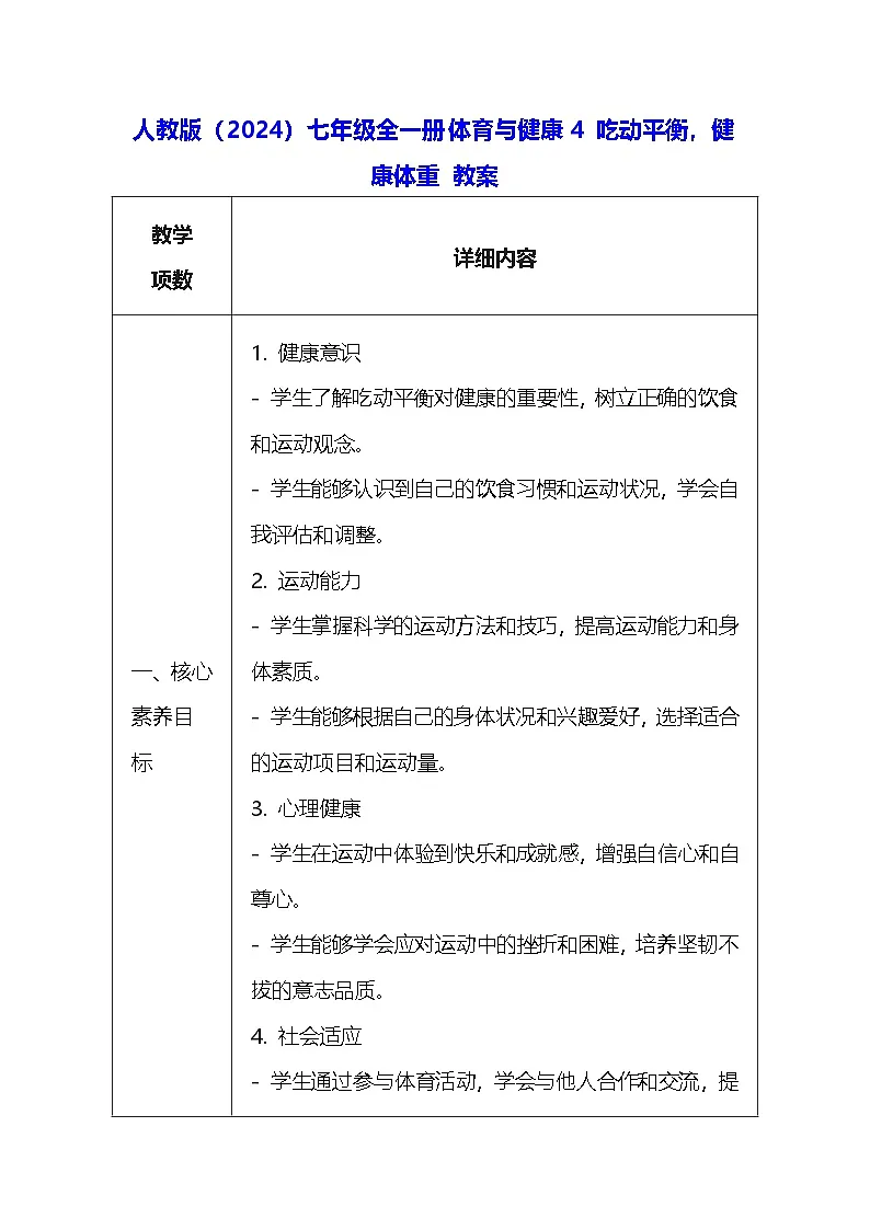 人教版（2024）七年级全一册体育与健康4 吃动平衡，健康体重 教案第1页