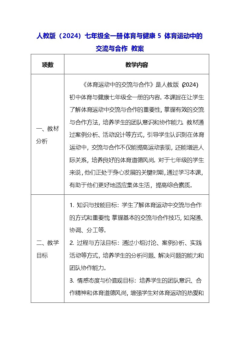 人教版（2024）七年级全一册体育与健康5 体育运动中的交流与合作 教案第1页