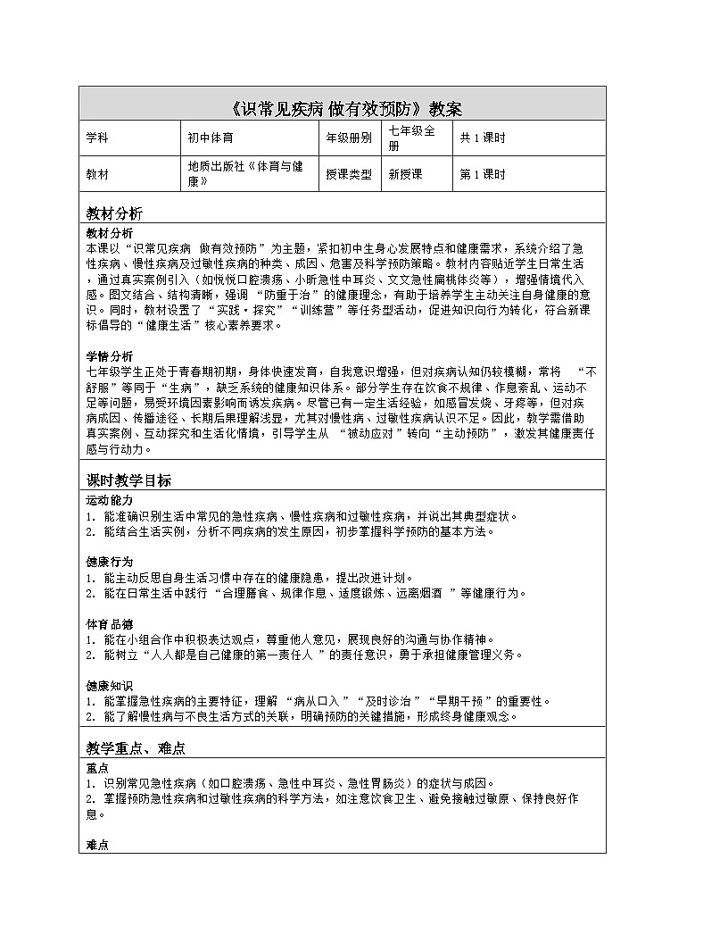 《6 识常见疾病 做有效预防》教学设计（表格版）-2025-2026学年地质版体育与健康七年级全一册第1页