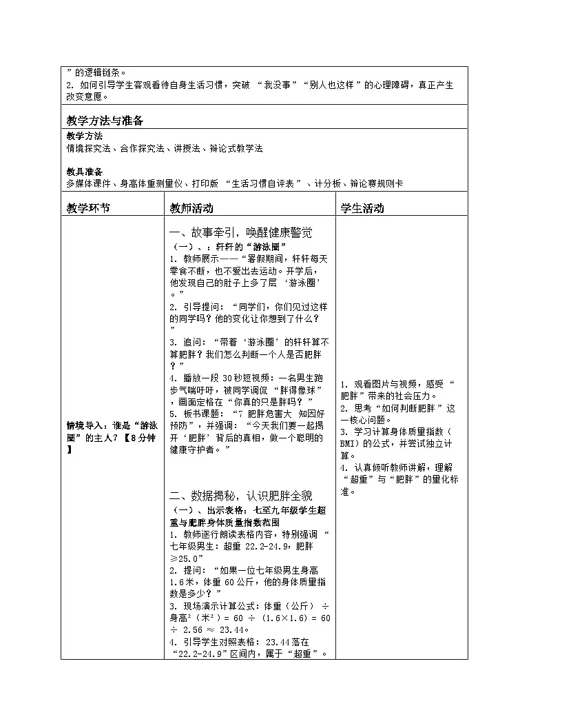 《7 肥胖危害大 知因好预防》教学设计（表格版）-2025-2026学年地质版体育与健康七年级全一册第2页