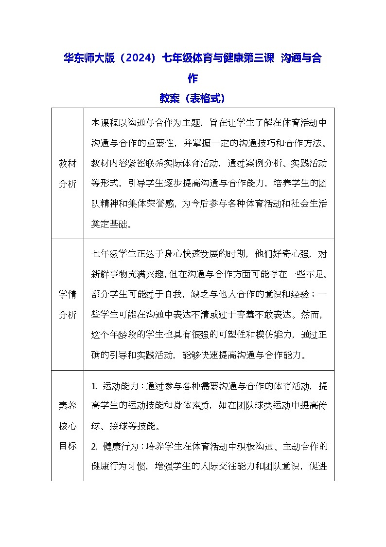 华东师大版（2024）七年级体育与健康第三课 沟通与合作 教案（表格式）第1页