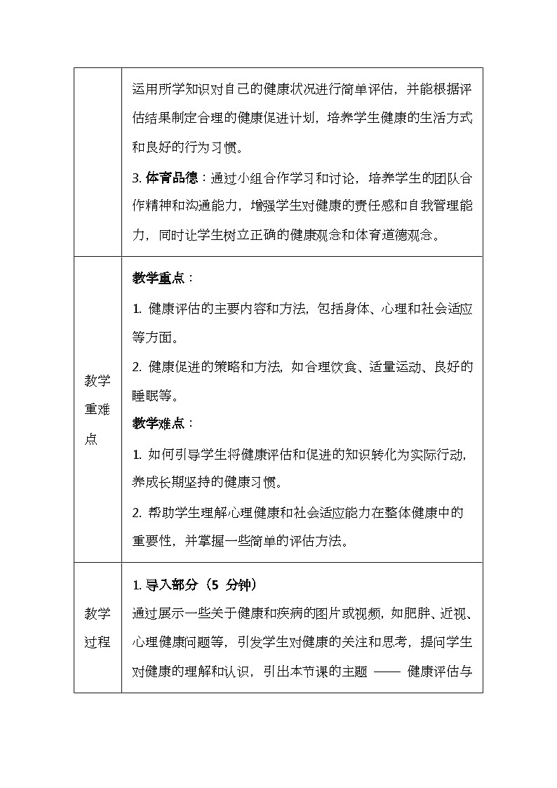 华东师大版（2024）七年级体育与健康第四课 健康评估与促进 教案（表格式）第2页