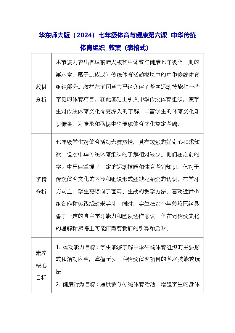华东师大版（2024）七年级体育与健康第六课 中华传统体育组织 教案（表格式）第1页