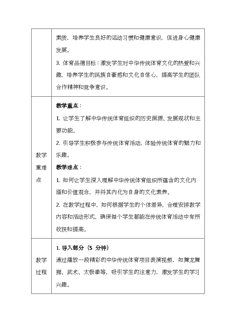 华东师大版（2024）七年级体育与健康第六课 中华传统体育组织 教案（表格式）第2页