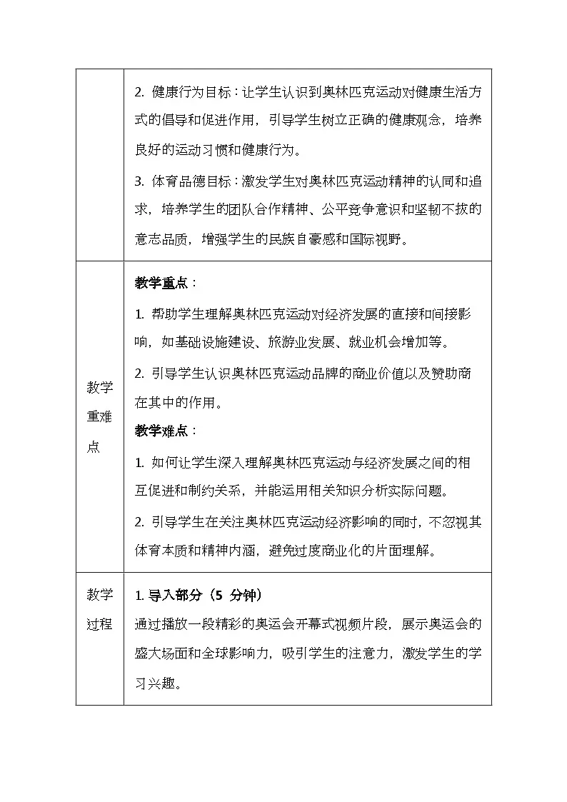 华东师大版（2024）七年级体育与健康第七课 奥林匹克运动与经济发展 教案（表格式）v第2页