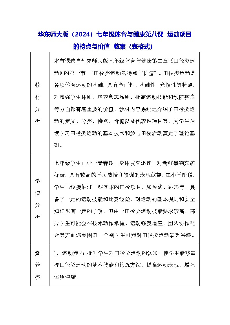 华东师大版（2024）七年级体育与健康第八课 运动项目的特点与价值 教案（表格式）第1页
