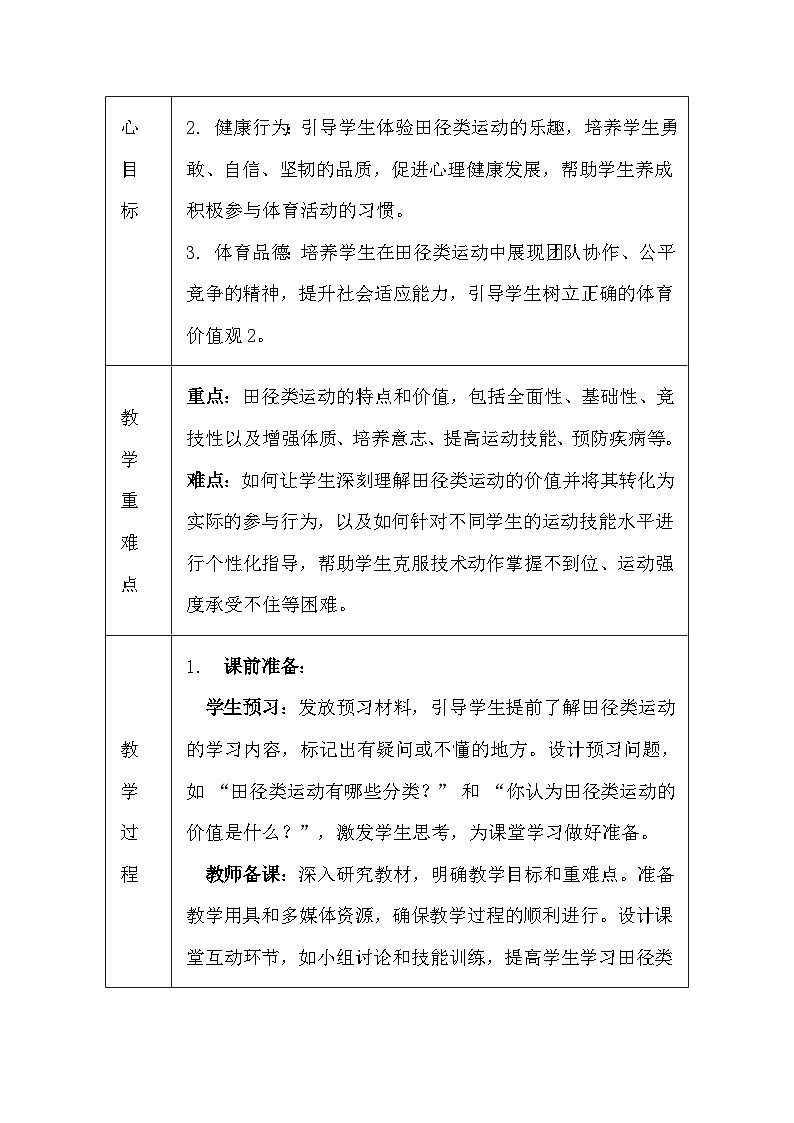 华东师大版（2024）七年级体育与健康第八课 运动项目的特点与价值 教案（表格式）第2页