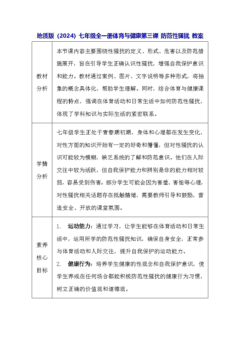 地质版（2024）七年级全一册体育与健康第三课 防范性骚扰 教案第1页