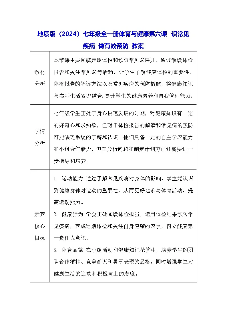 地质版（2024）七年级全一册体育与健康第六课 识常见疾病 做有效预防 教案第1页