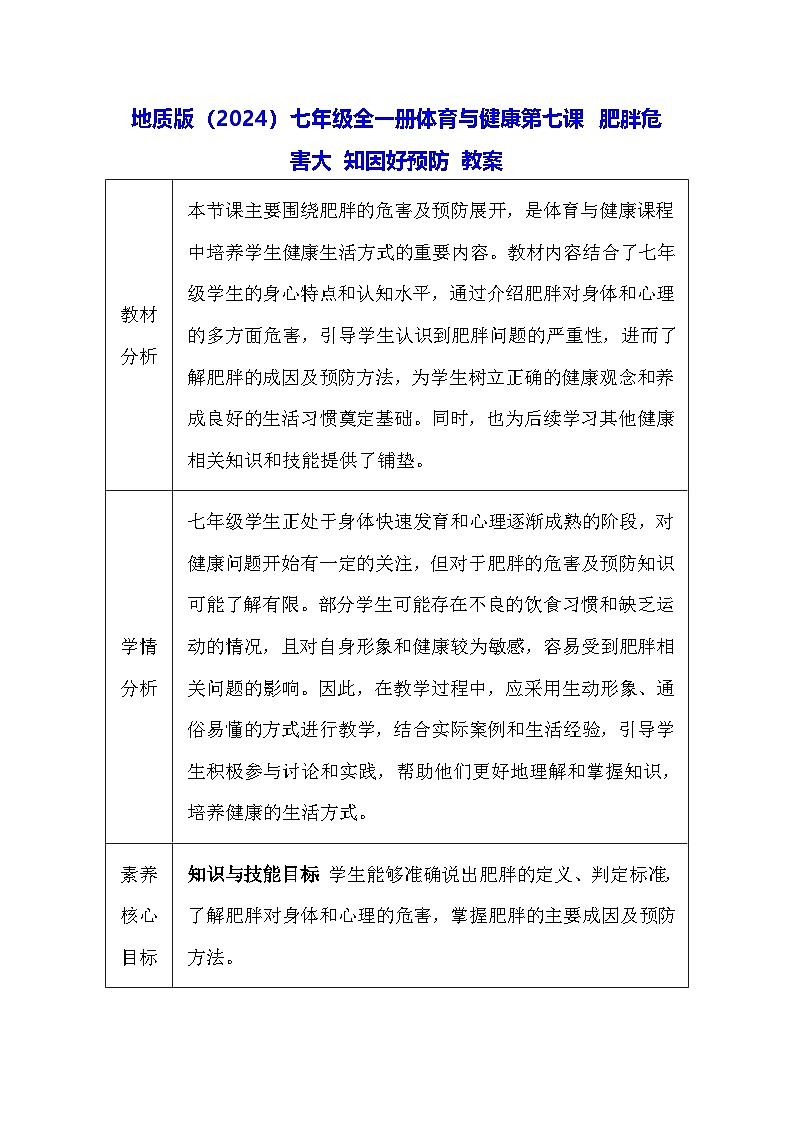 地质版（2024）七年级全一册体育与健康第七课 肥胖危害大 知因好预防 教案第1页