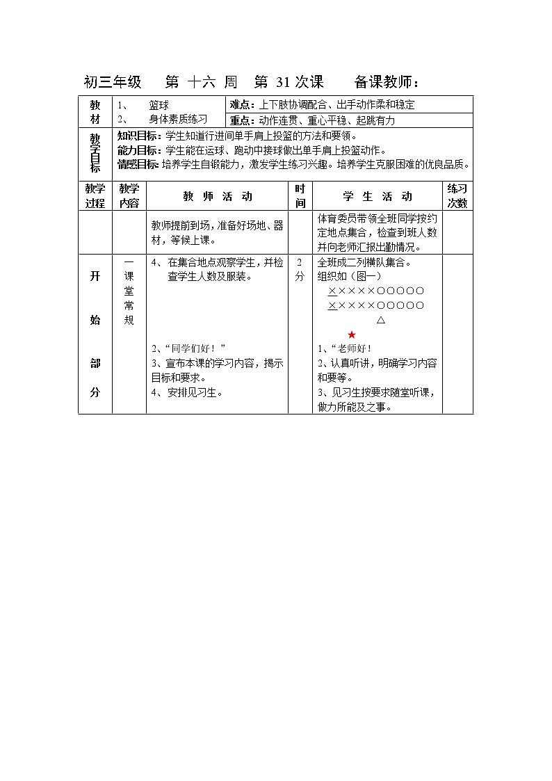 第31课 篮球 身体素质练习 人教版九年级体育全一册 教案第1页
