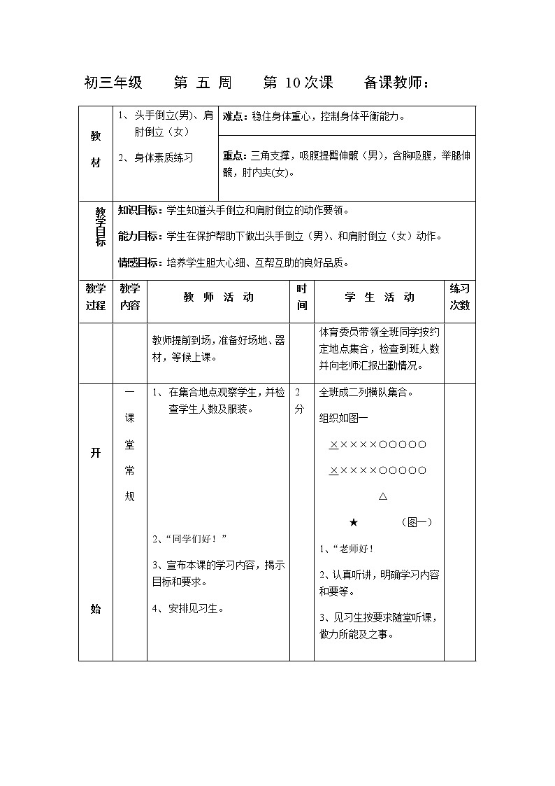 第10课 倒立与身体素质练习 人教版九年级体育全一册 教案01
