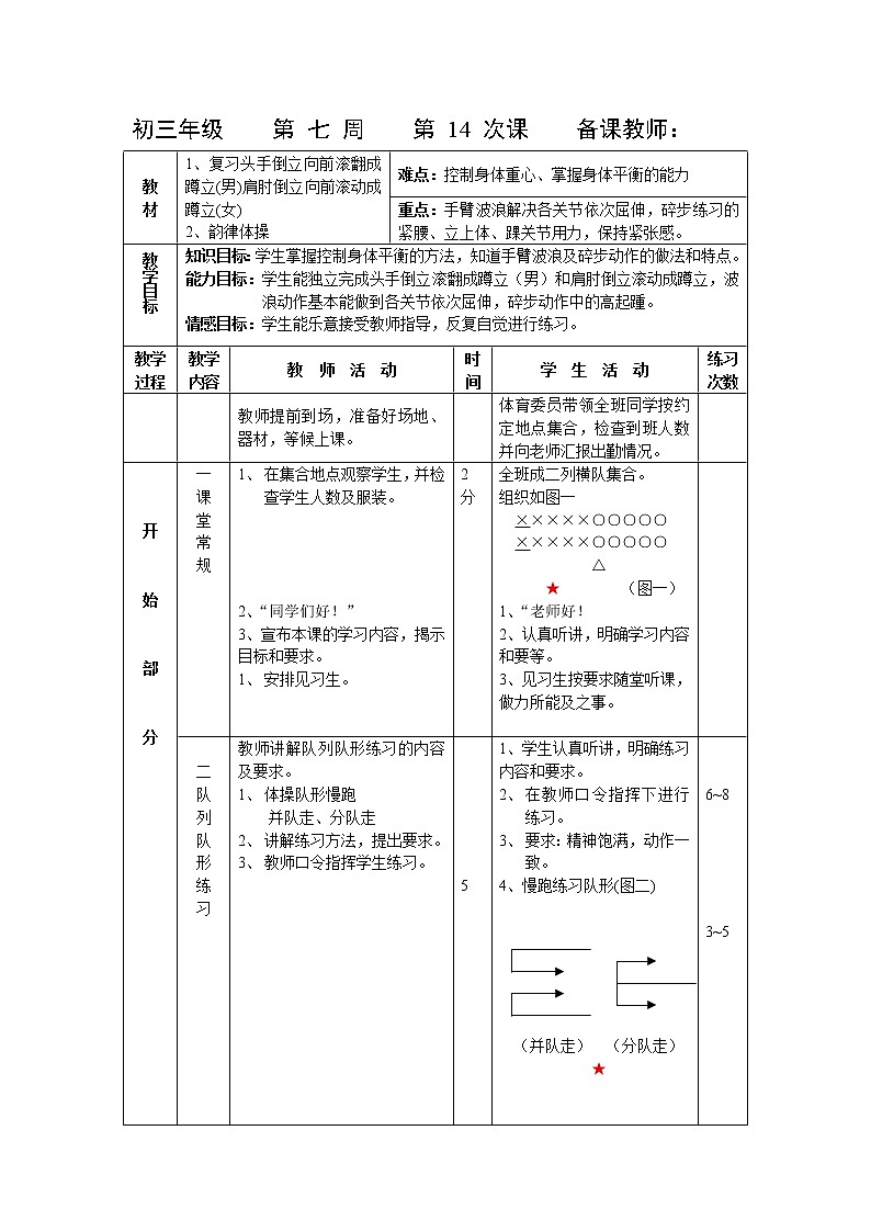 第14课 复习与韵律体操 人教版九年级体育全一册 教案01