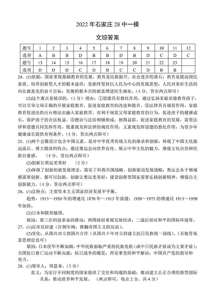 2022年河北省石家庄市第二十八中学初三一模文综卷及答案01