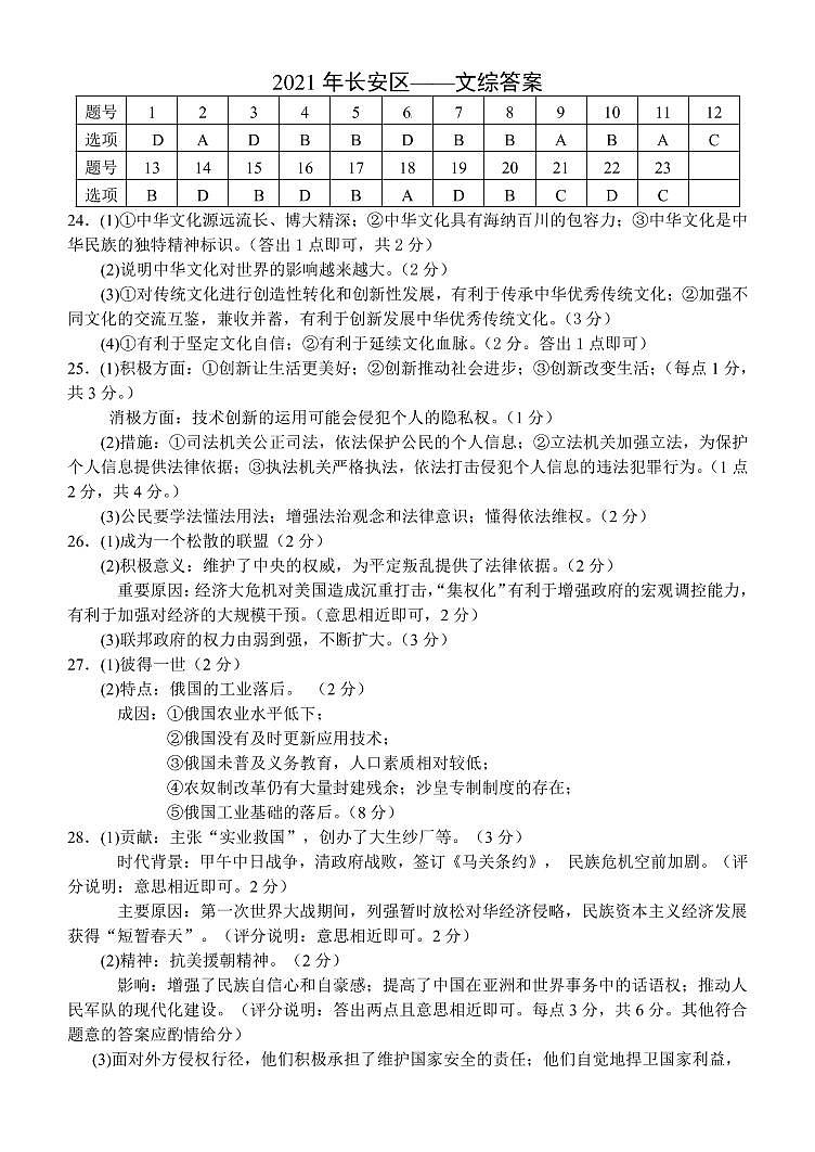 2021年河北省石家庄市长安区初中毕业班教学质量检测文综（答案）第1页