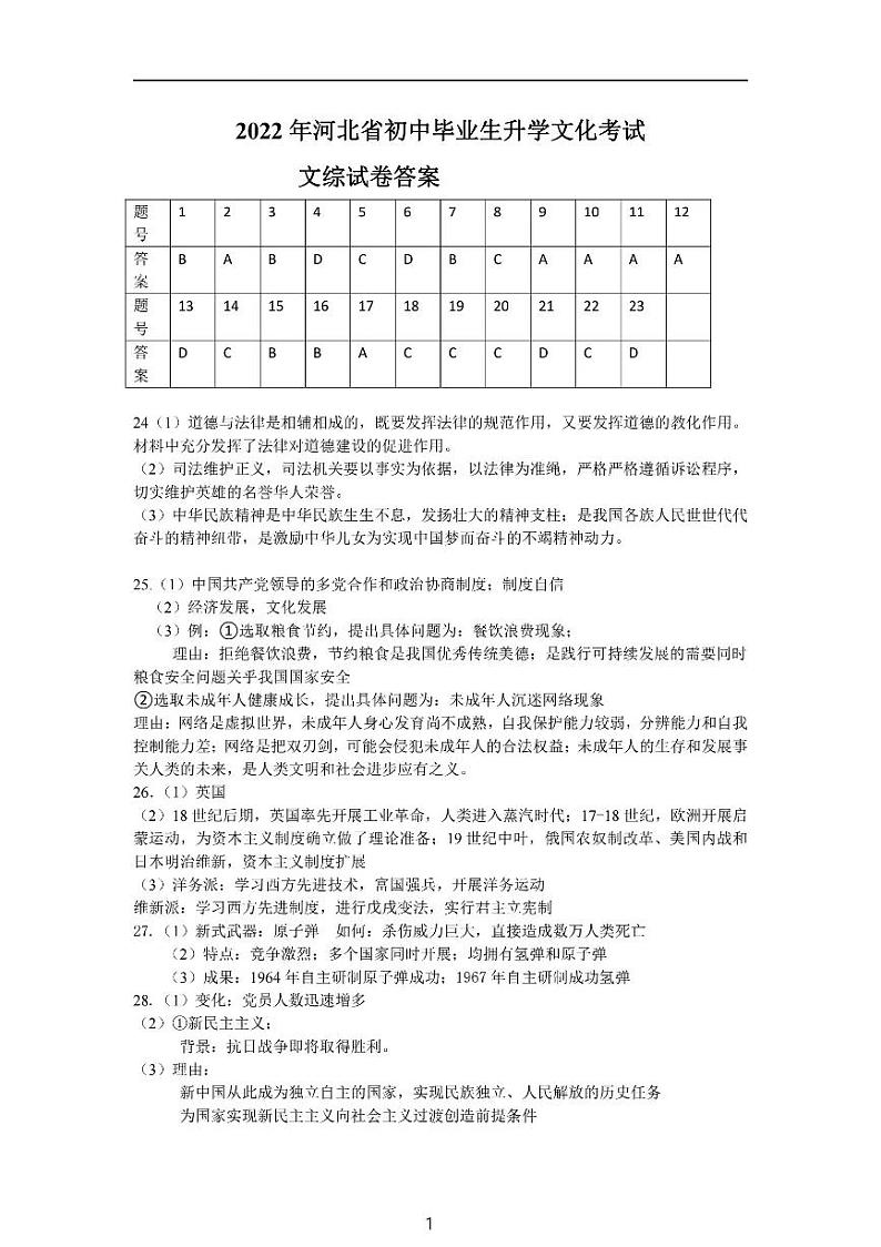 2022年河北中考真题文科综合卷及答案（图片版）01