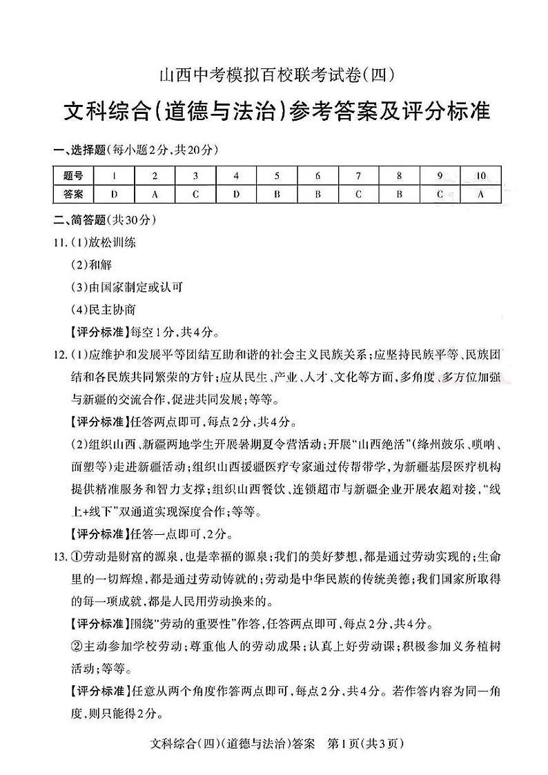 2023年山西省中考模拟百校联考四 文综试题01