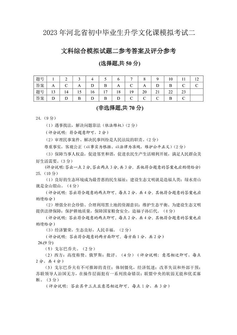 2023年河北省初中毕业生升学文化课模拟考试—文综试题+答案01