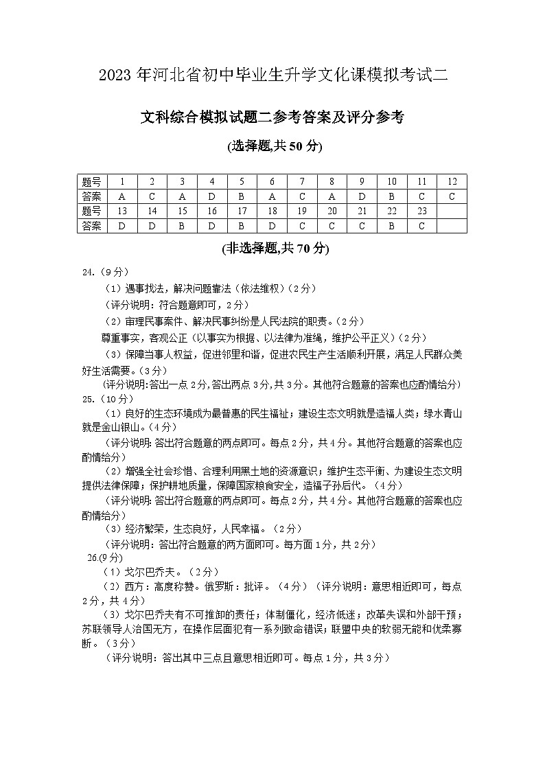 2023年河北省初中毕业生升学文化课模拟考试-文综+答案01