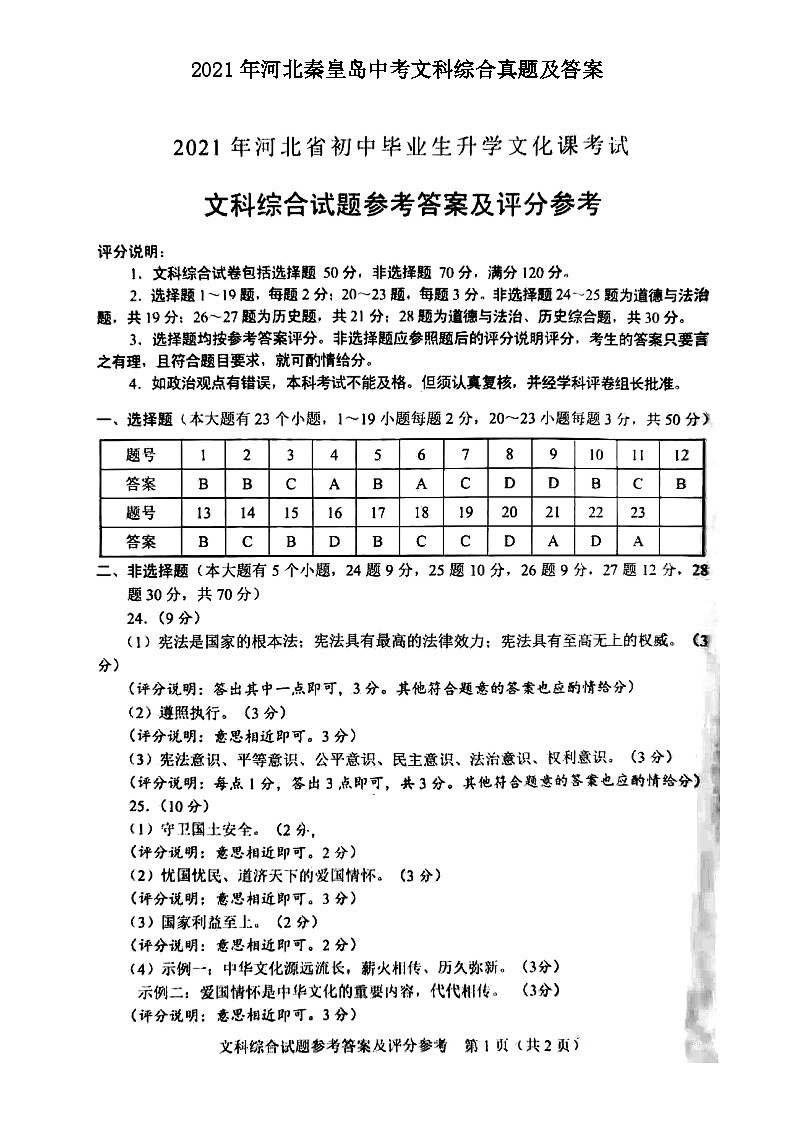 _2021年河北秦皇岛中考文科综合真题及答案01