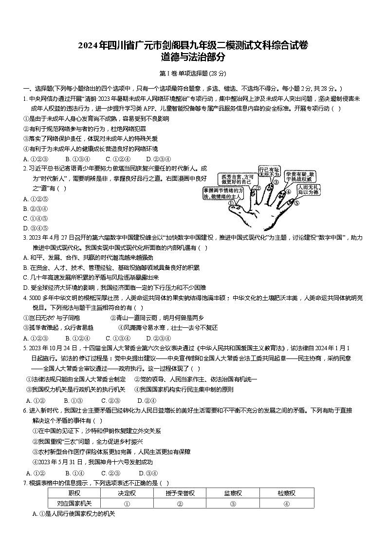 2024年四川省广元市剑阁县中考二模文综试题+01