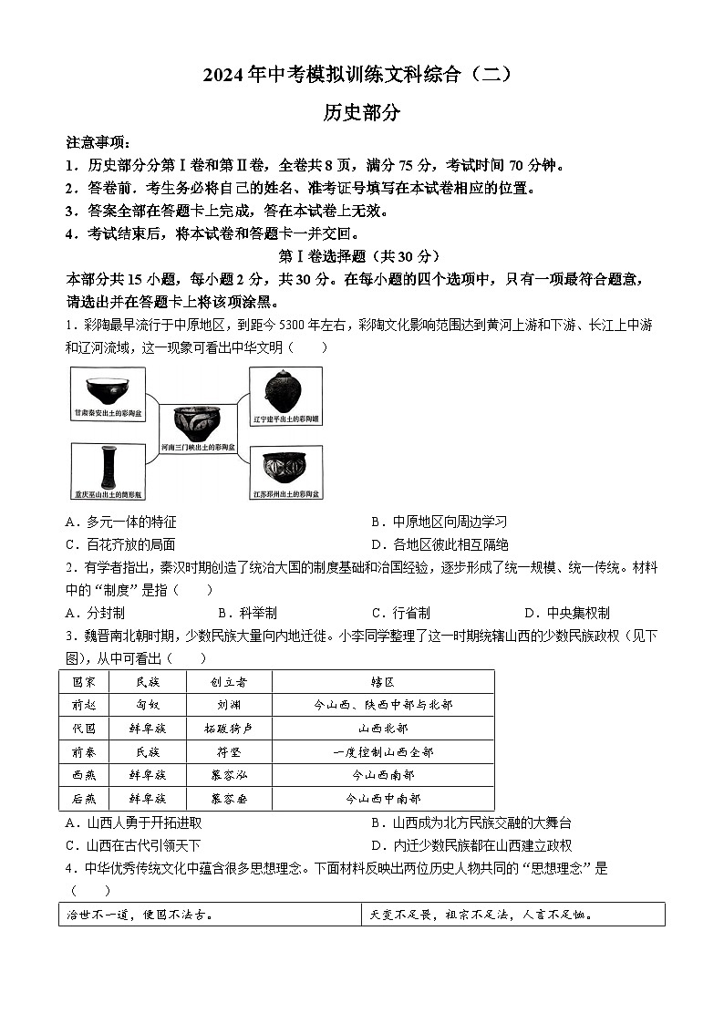 山西省侯马市2024年中考二模考试文科综合题01