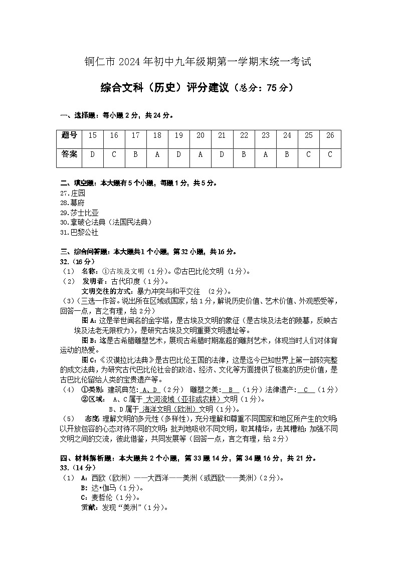 1_九年级综合文科（历史）答案第1页