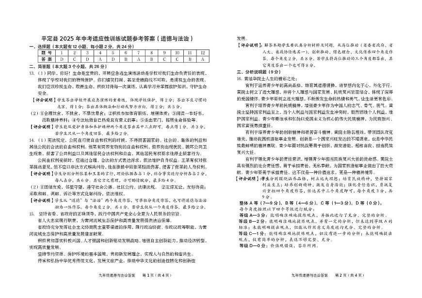 2025年山西省阳泉市平定县中考二模文综试卷 平定县2025年中考适应性训练试题参考答案第1页