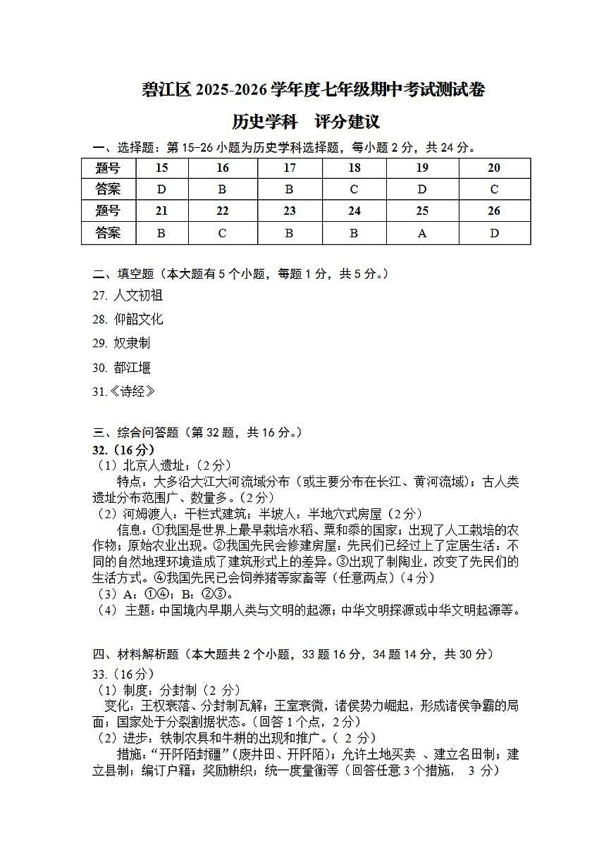 碧江区2025-2026学年第一学期七年级历史期中考试参考答案第1页