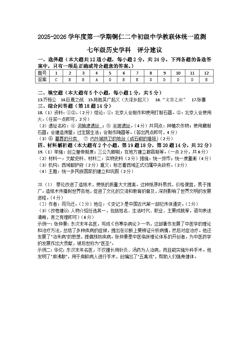 七年级历史学科 评分建议(1)第1页