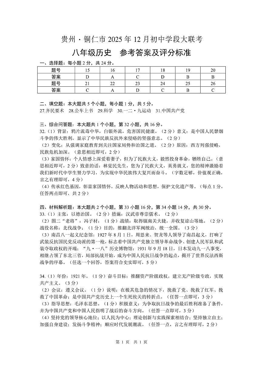 大联考-八年级历史-参考答案及评分标准第1页