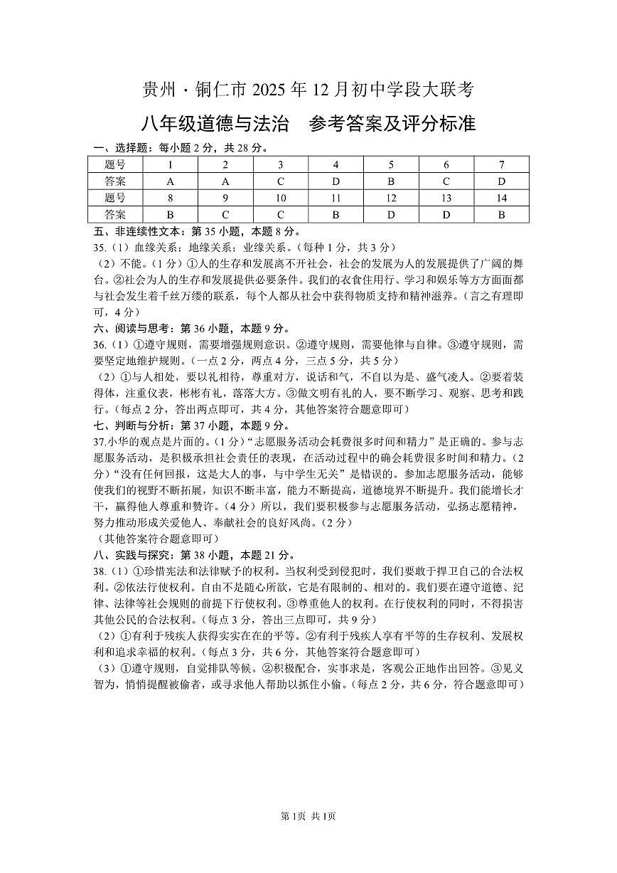 大联考-八年级道德与法治-参考答案及评分标准第1页