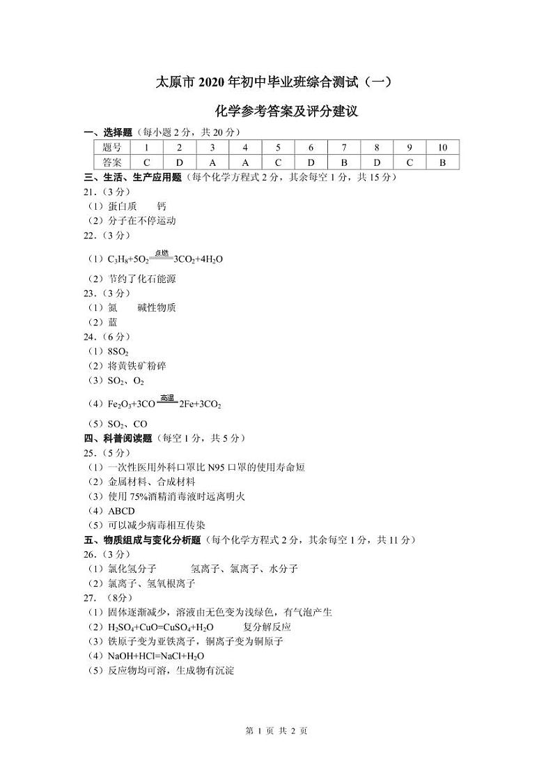 2020山西省太原市初三一模理综试卷及答案(含答题卡)01