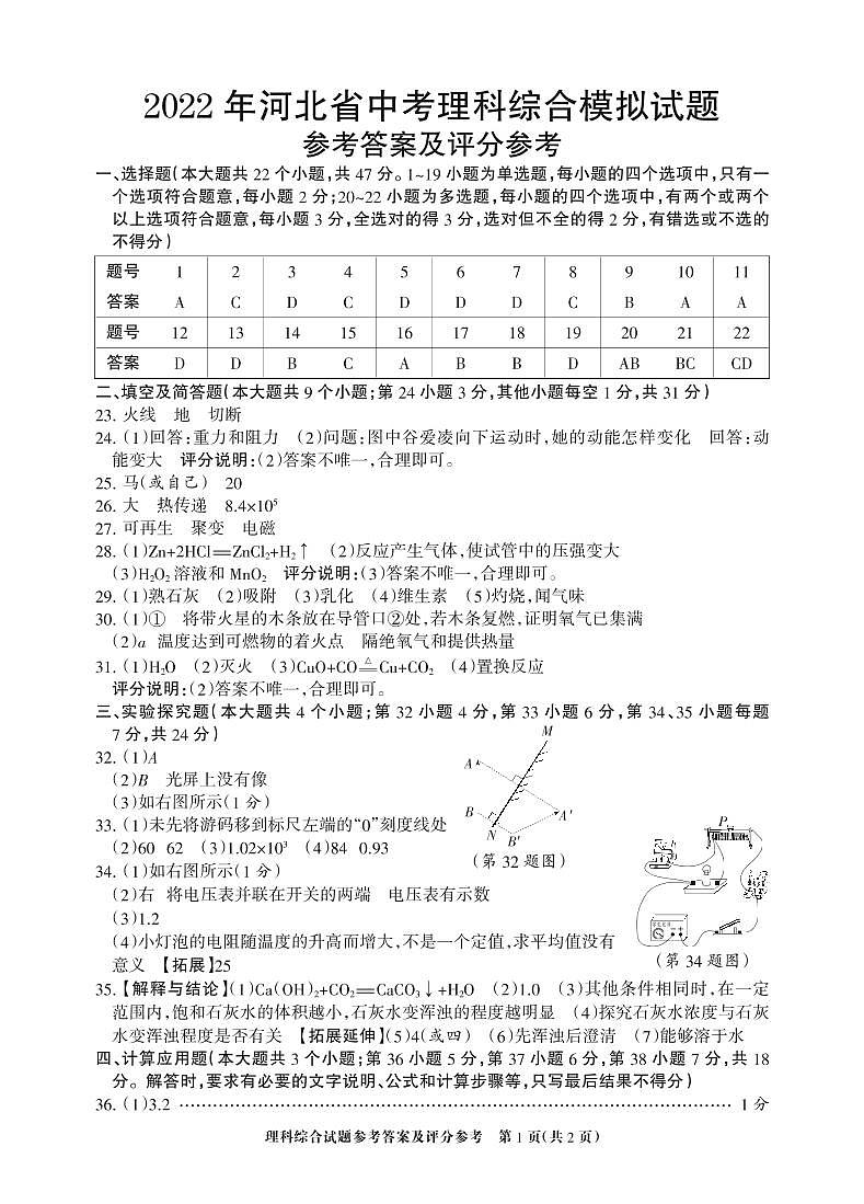 2022年河北省邯郸市武安市中考一模理科综合卷及答案（图片版）01