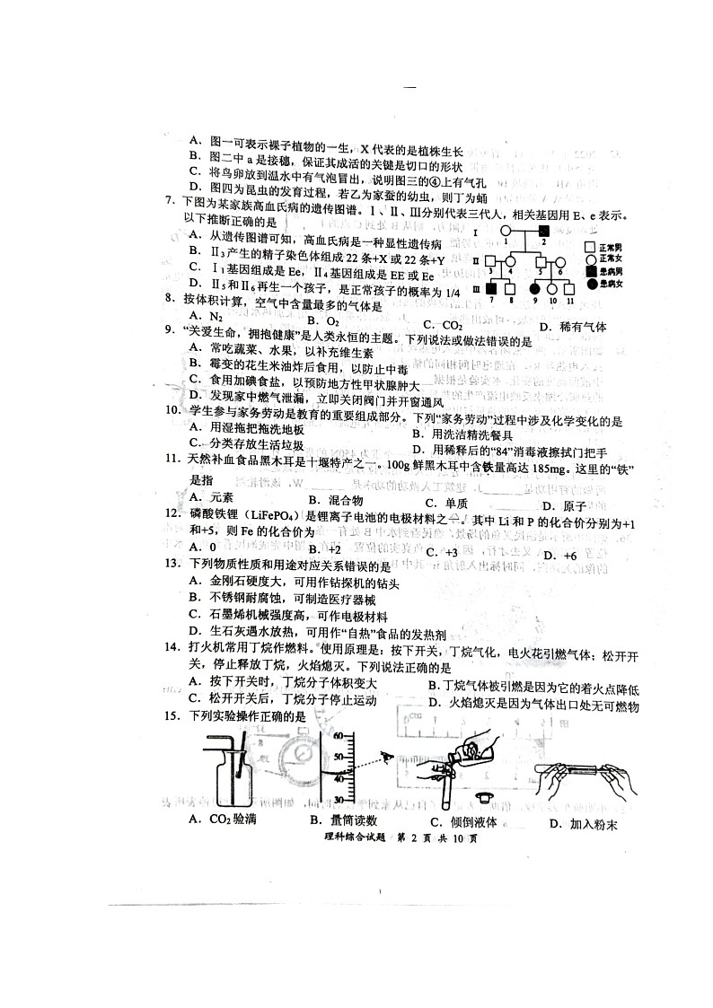 2022年湖北省十堰市初中毕业生适应性训练理科综合卷及答案（图片版）02