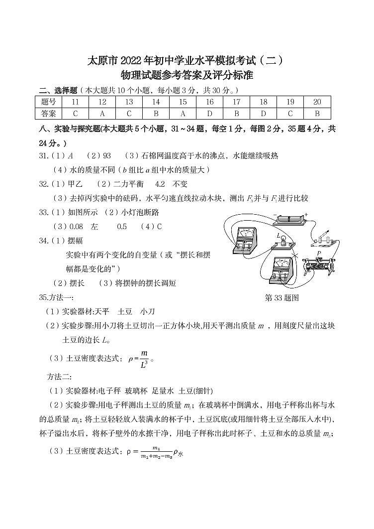 太原市2022年初中学业水平模拟考试二 理综试题及答案01