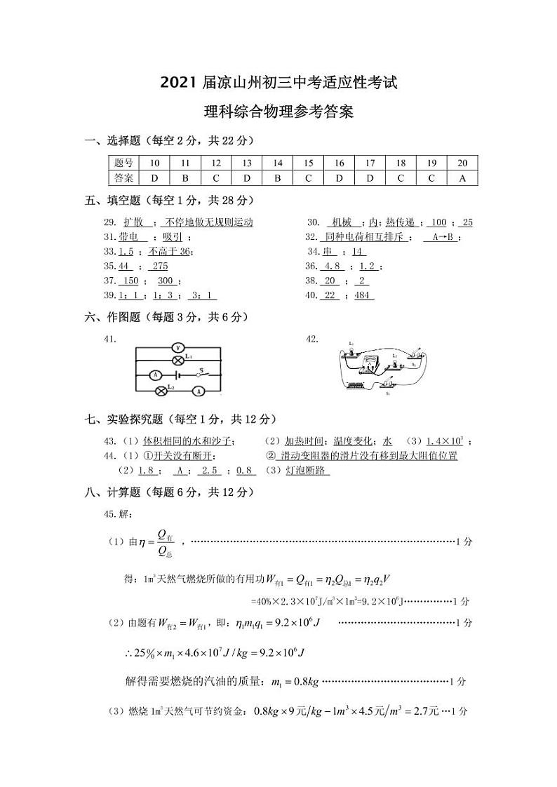 2021年四川省凉山州九年级中考适应性考试理科综合卷及答案（图片版）01
