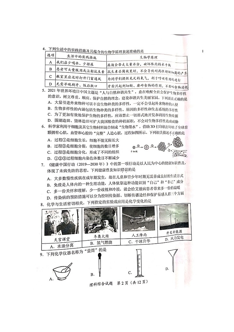 2022湖北省随州市中考真题理综卷无答案（图片版）02