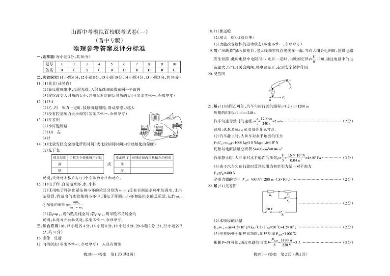2023年山西中考模拟百校联考试卷（一） 理综试题（晋中专版）及答案（含答题卡）01