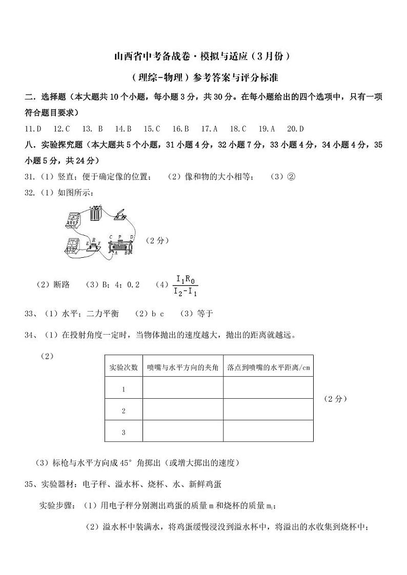 2023年山西省中考备战卷·模拟与适应 理综试题及答案01