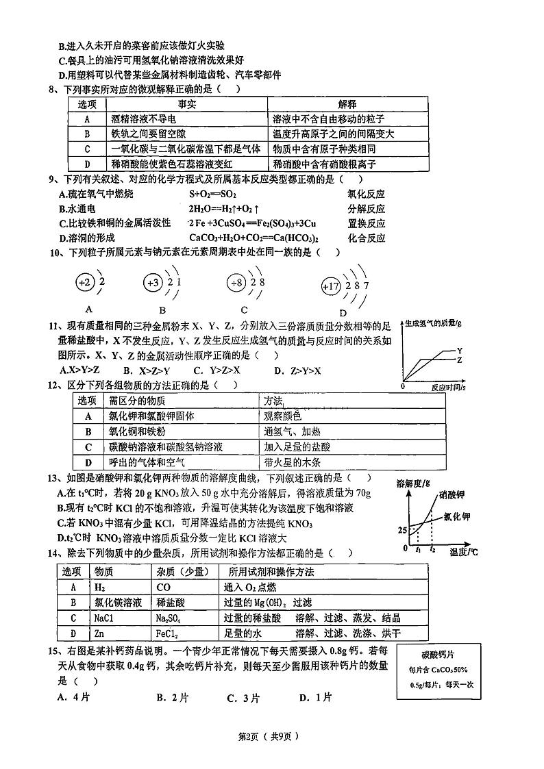 哈尔滨市道里区2023-2024学年九年级下学期基础调研测试理综试卷和答案（道里区中考零模）02