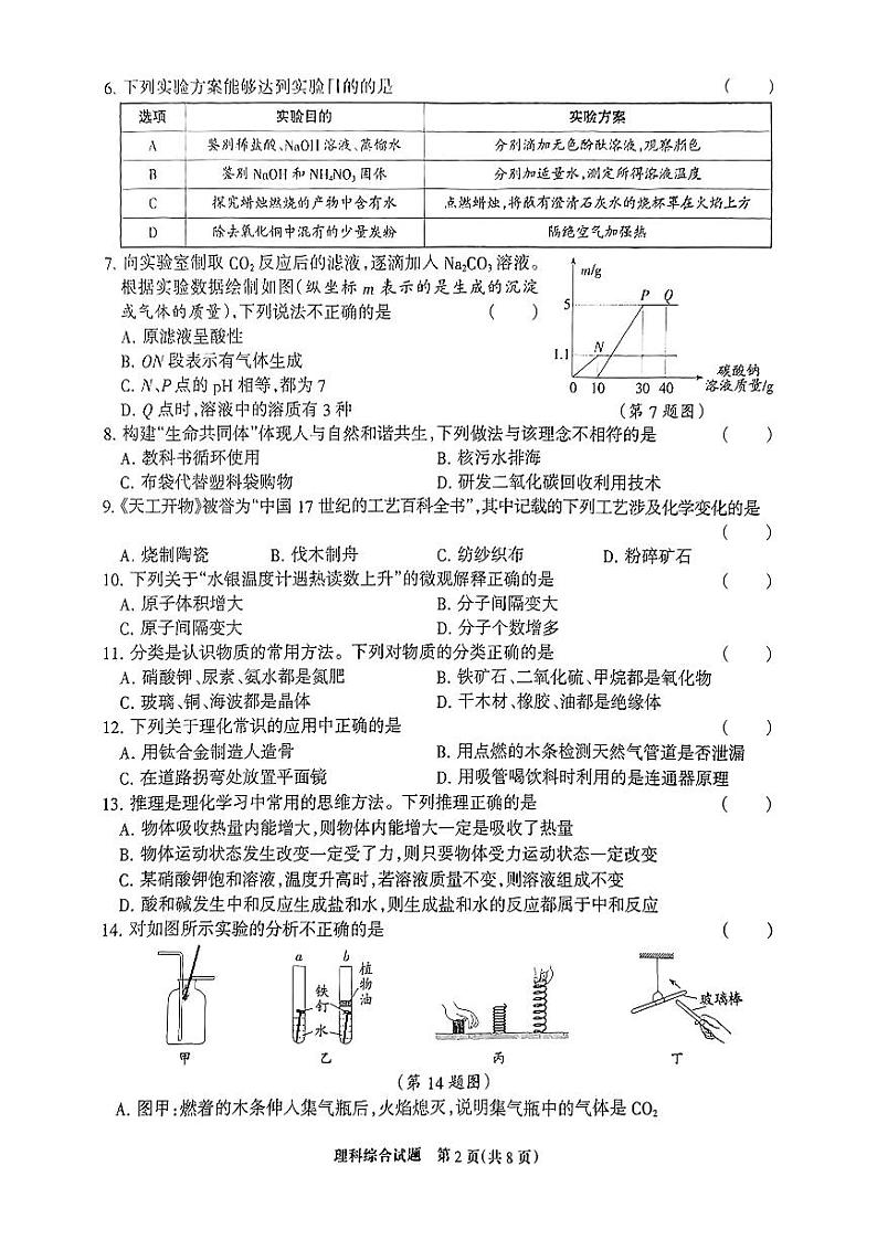 河北省邯郸魏县益民中学2024年九年级中考理综模拟卷+第2页