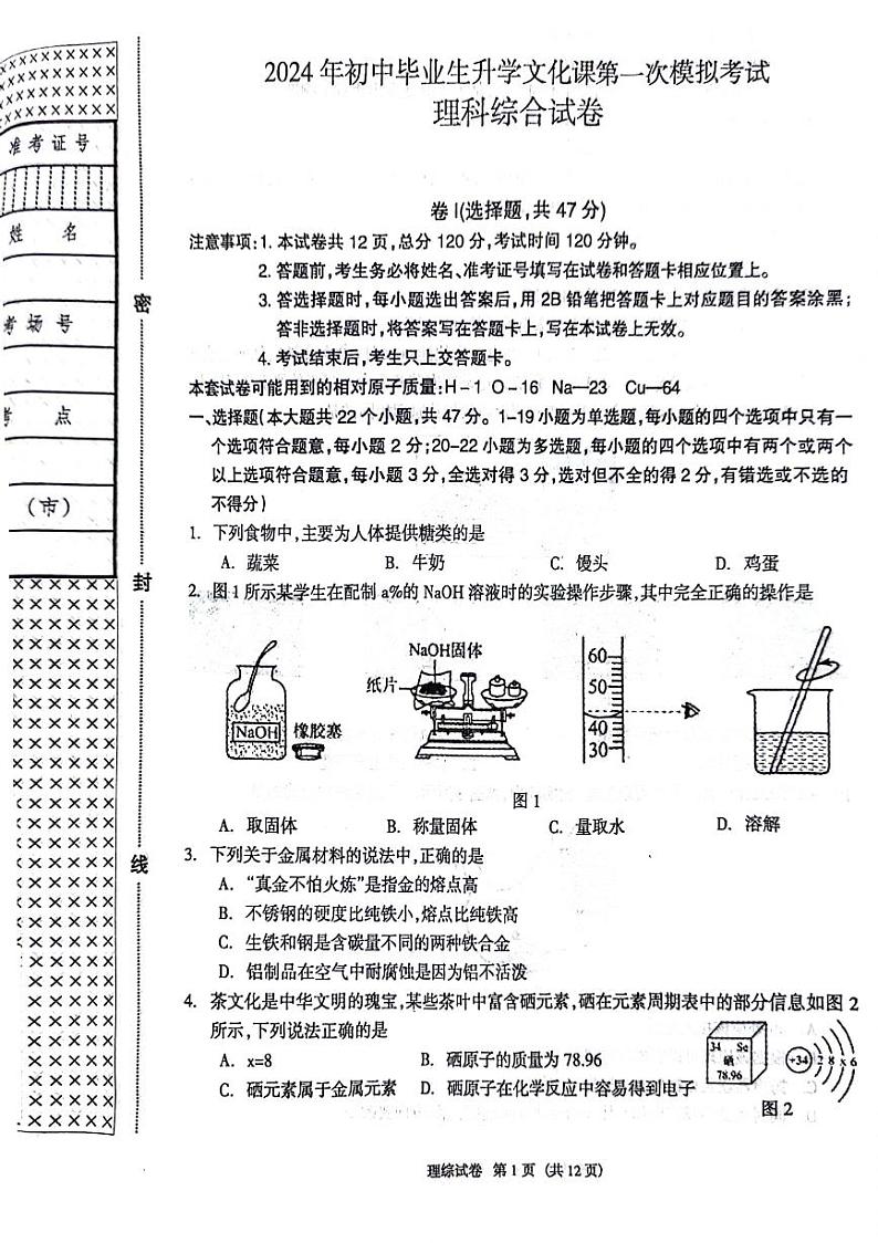 2024年河北省廊坊市九年级中考一模理综试卷01