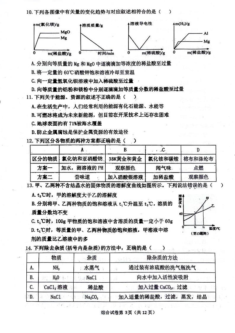 2024年哈尔滨市松北区九年级二模理化综合试卷和答案03