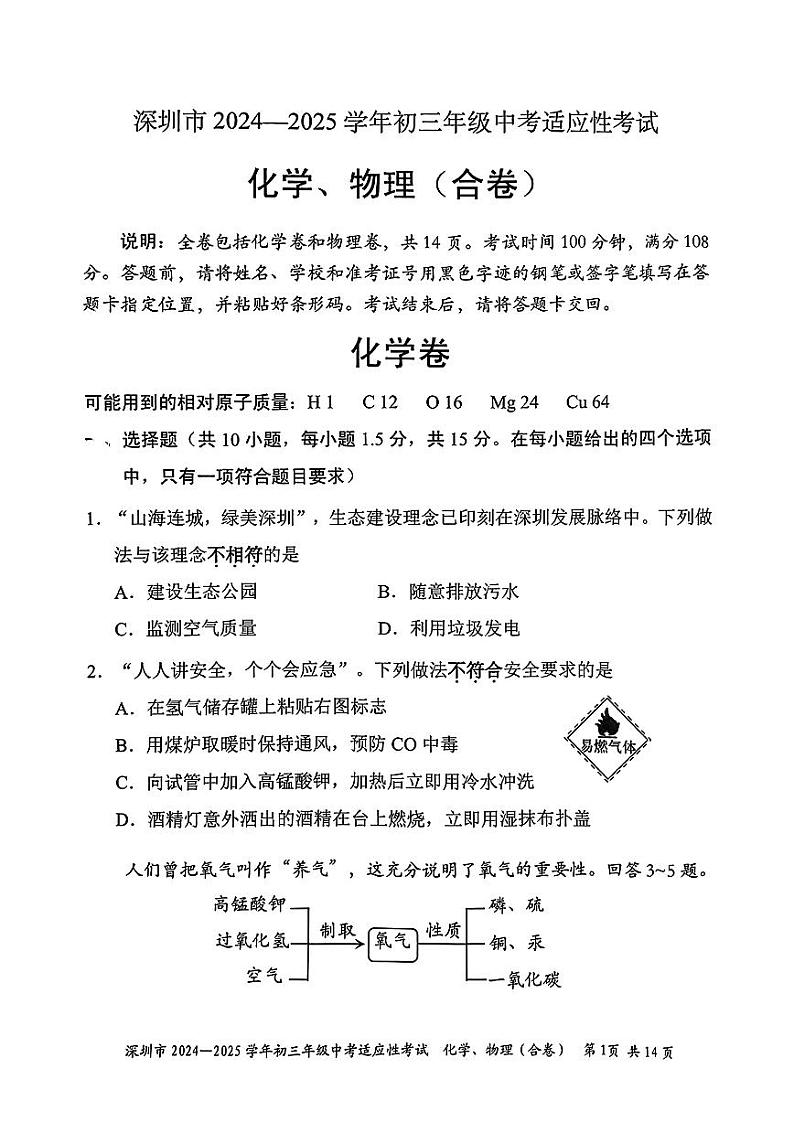 2024-2025学年深圳市适应性考试九年级化学物理(合卷)第1页