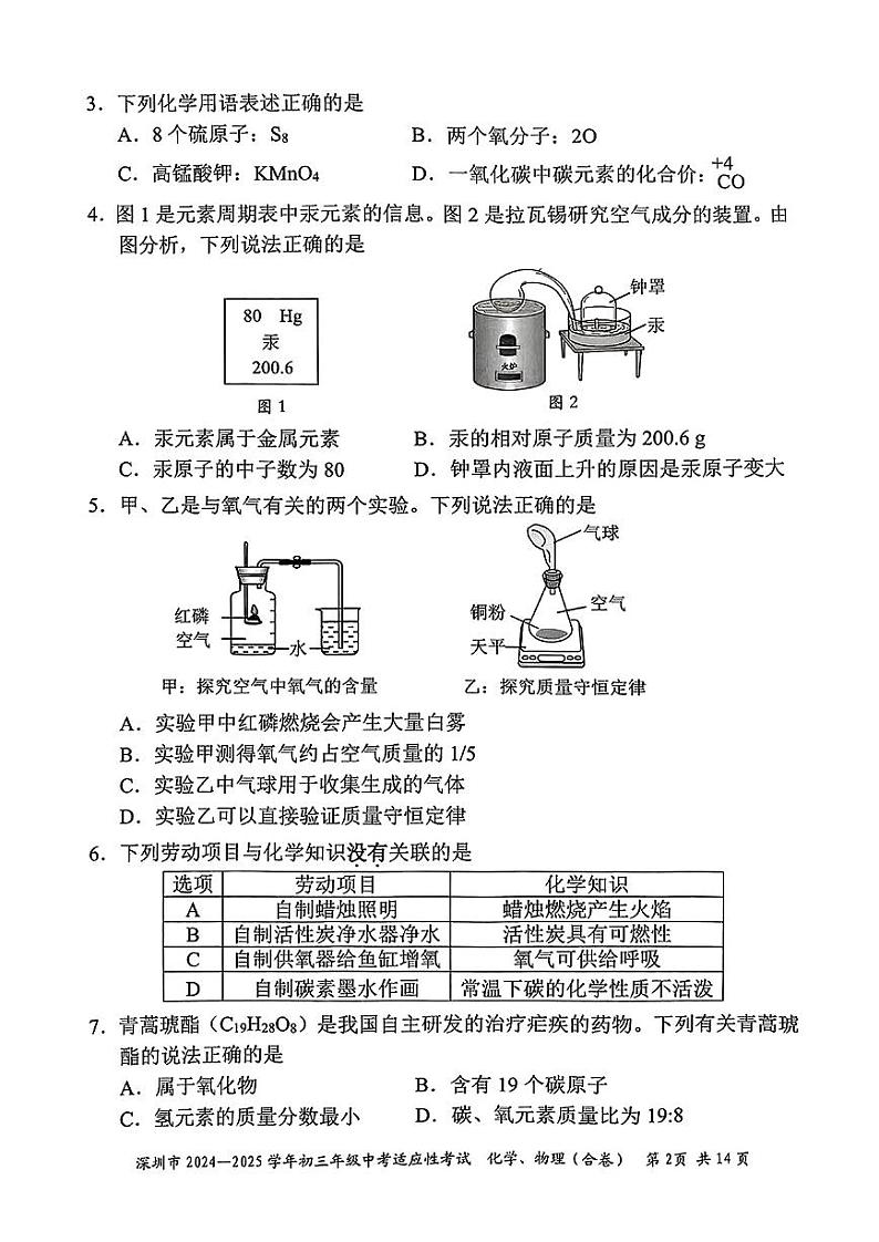 2024-2025学年深圳市适应性考试九年级化学物理(合卷)第2页