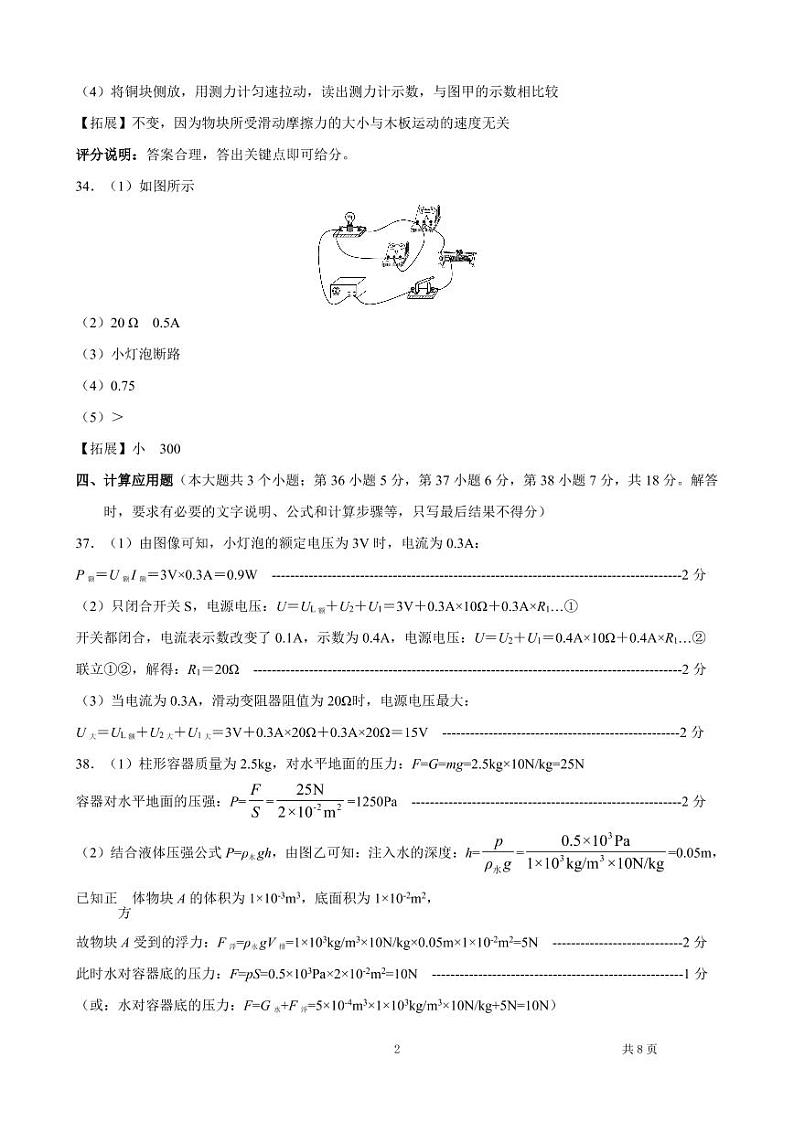 2021市一模物理答案第2页