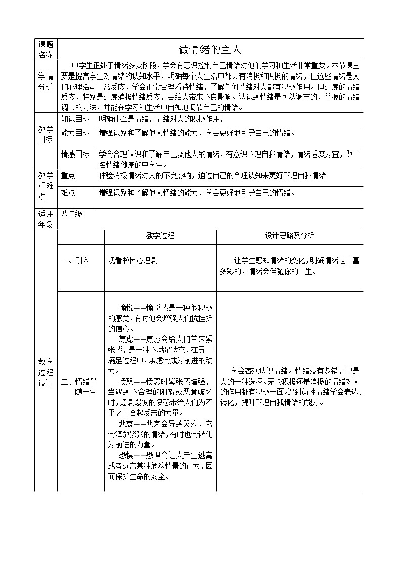 闽教版心理健康八年级 17.做情绪的主人 教案01