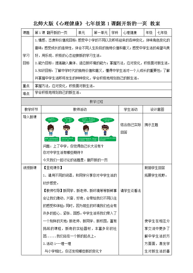 北师大版心理健康七年级 1 翻开新的一页 课件PPT+教案01