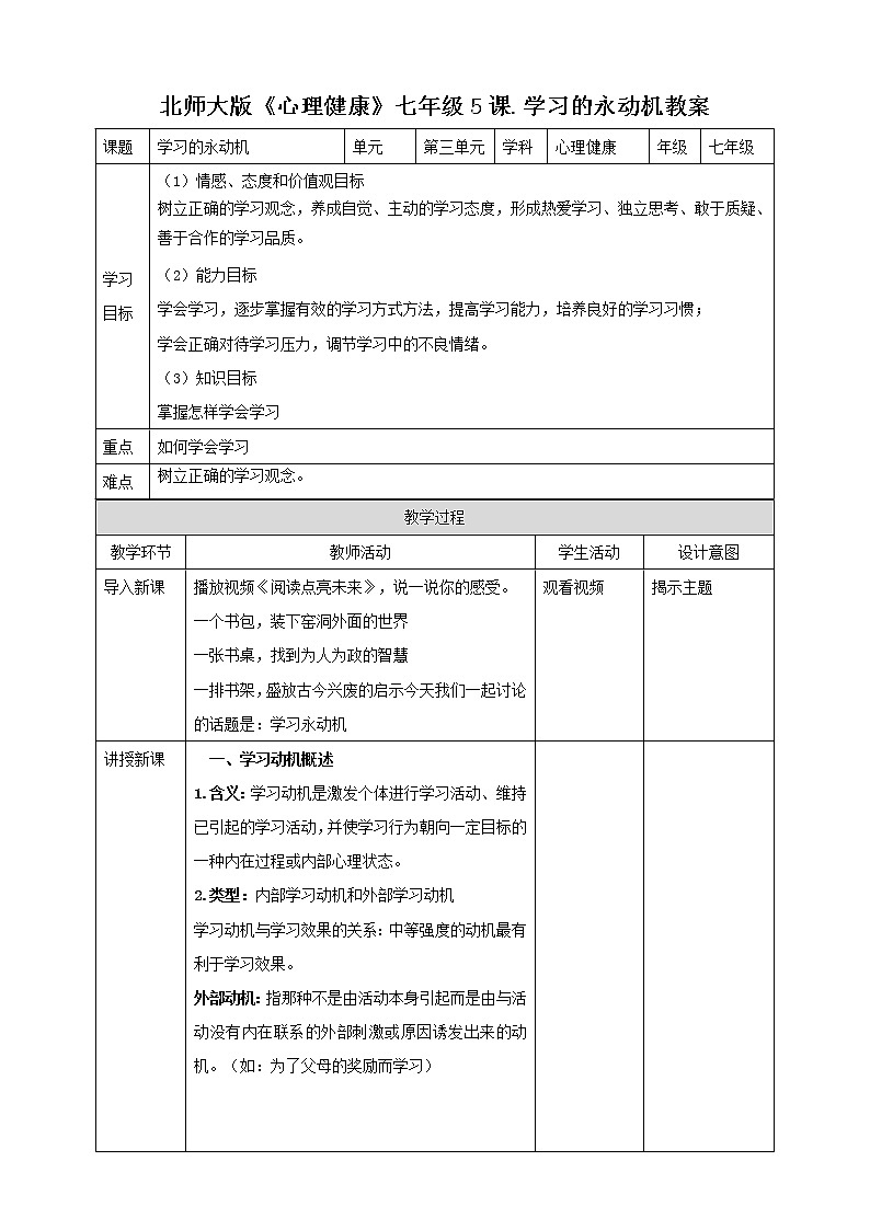 北师大版心理健康七年级 5 学习的永动机 课件PPT+教案+视频素材01